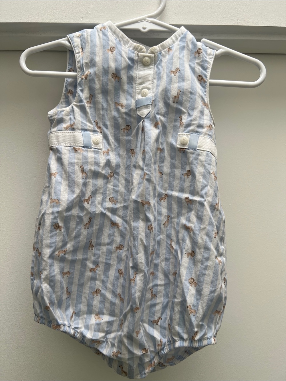 Mayoral Blue & White Striped Baby Romper with Tiny Tan Animal Print